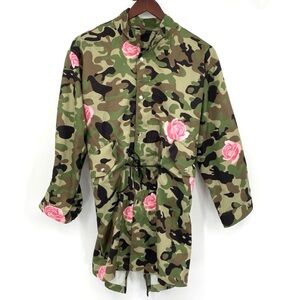 Uooyaa Jacket Womens‎ Medium Green Pink Camouflage Floral Full Zip Camo Rose